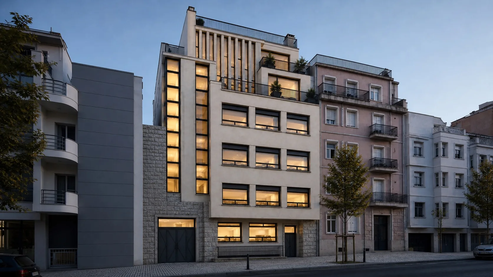 Rua Damasceno Monteiro, rehabilitated façade at dusk, Arroios