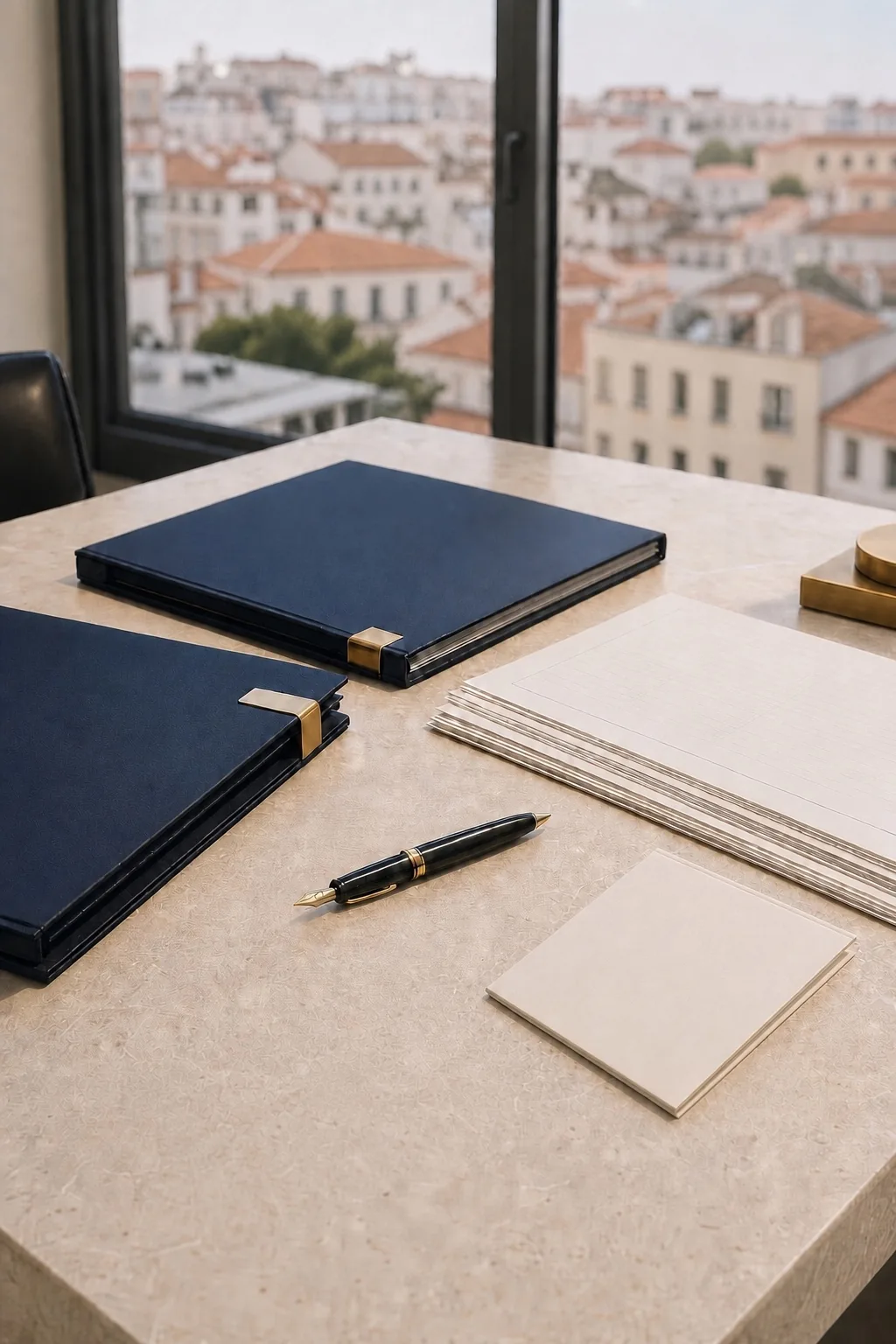 Contemporary project-financing folios and documents overlooking Lisbon